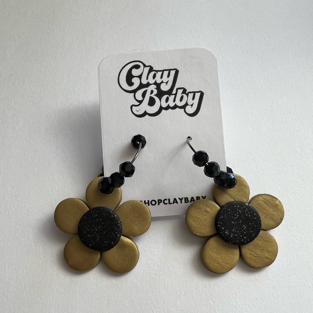 Handmade Black Metallic Gold Beaded Daisy Hoop Statement Earrings Approx 2”